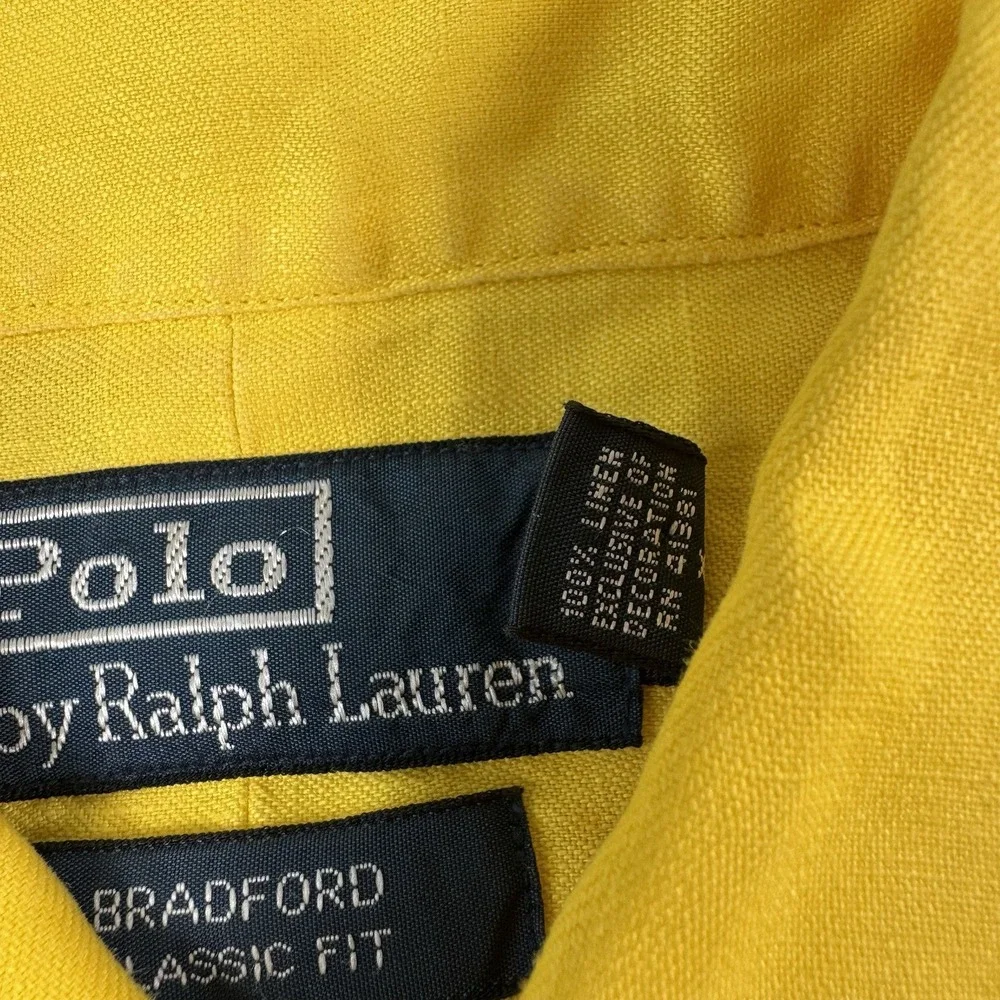 Polo Ralph Lauren Bradford Yellow Linen Shirt Green Pony VTG Men S